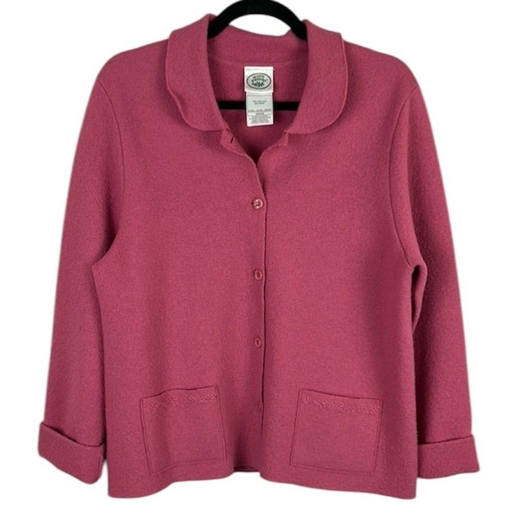 Laura Ashley Boiled Merino Wool Button Cardigan Sweater Jacket Medium Pink
